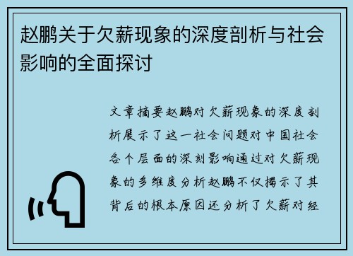 赵鹏关于欠薪现象的深度剖析与社会影响的全面探讨