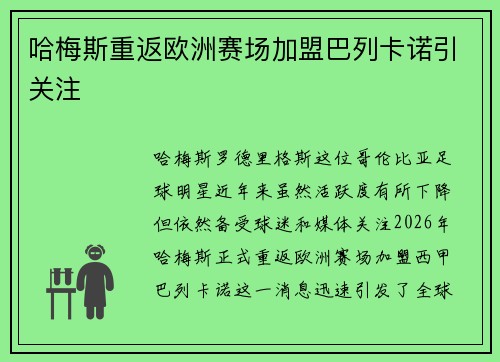 哈梅斯重返欧洲赛场加盟巴列卡诺引关注